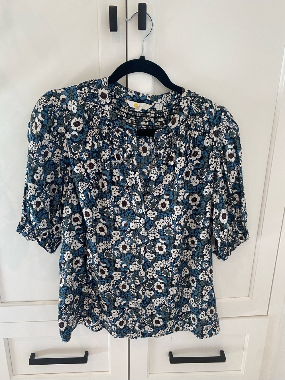 Boden Dark Teal Blue and White Floral Smocked Neck Blouse